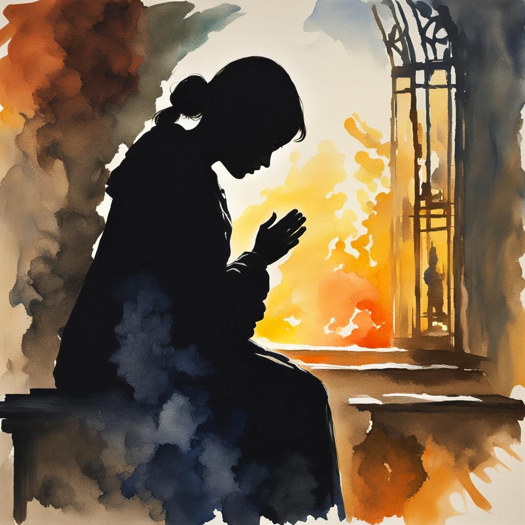Silhouette in Prayer: Gouache and Watercolor Masterpiece