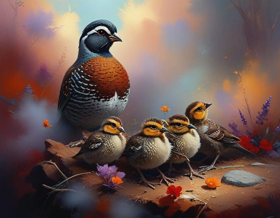 California Quail Family in Vibrant Misty Landscape