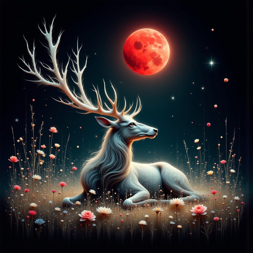 a mystical white deer at strawberry moon