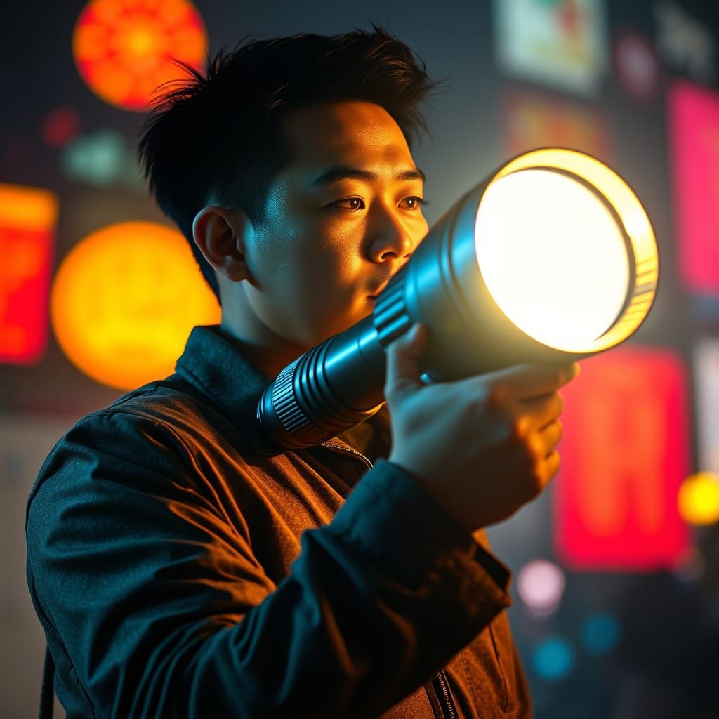 Asian Man with Flashlight in Detailed Photorealistic Style