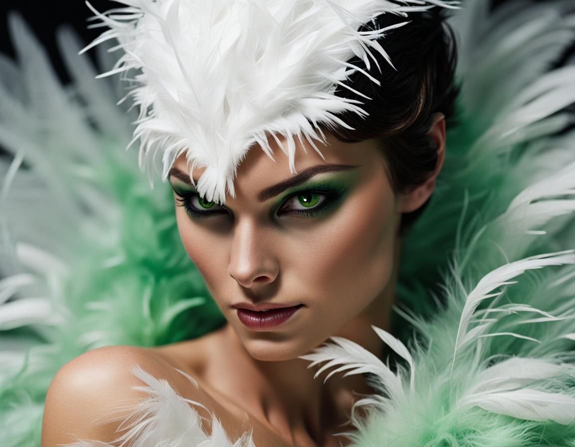 Catwoman Kneeling in Feathers: Extreme Close-up