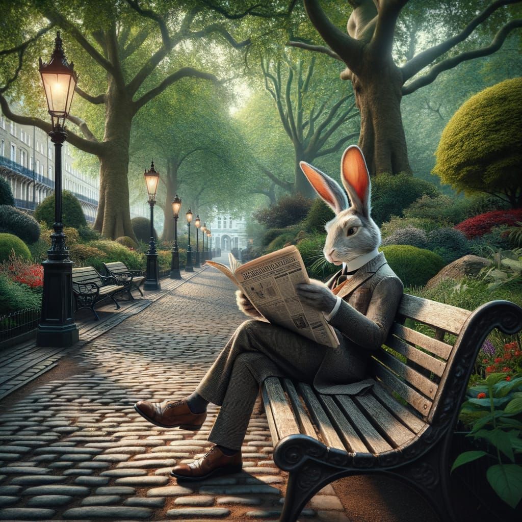 Victorian Rabbit Detective Reads Newspaper on Park Bench