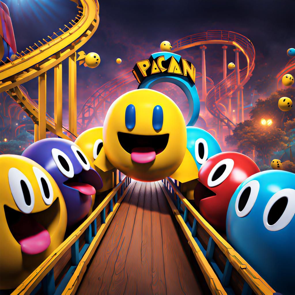 Hyperrealistic Pacman Theme Park Rollercoaster Chase