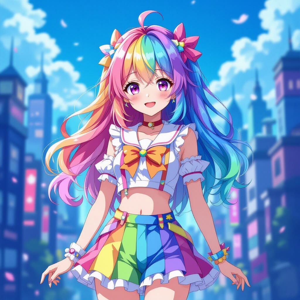 Anime Girl With Rainbow Hair In Whimsical Cityscape