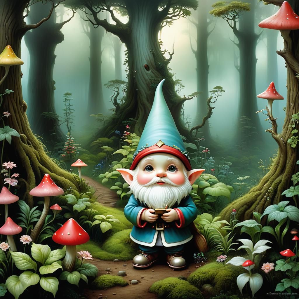 Cute Gnome in Foggy Forest, Mark Ryden Style