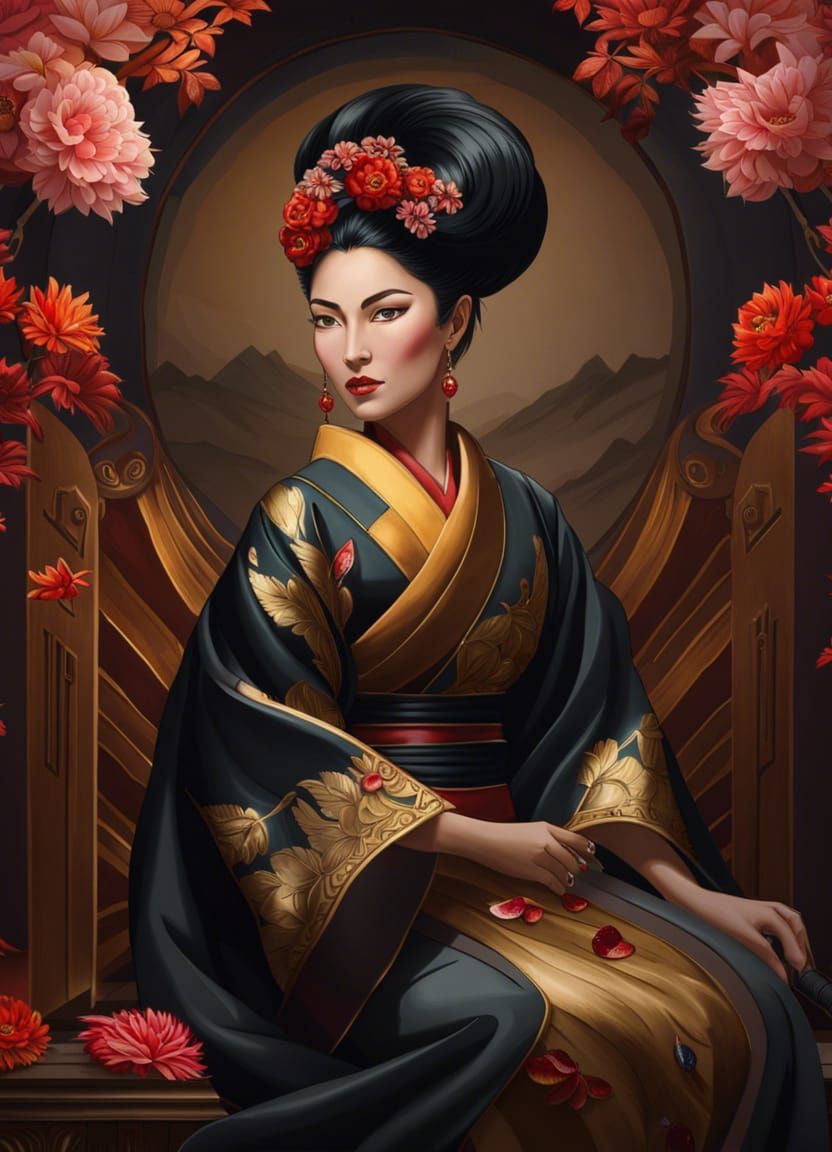 Elegant Kabuki Woman with Tea Ceremony Setting