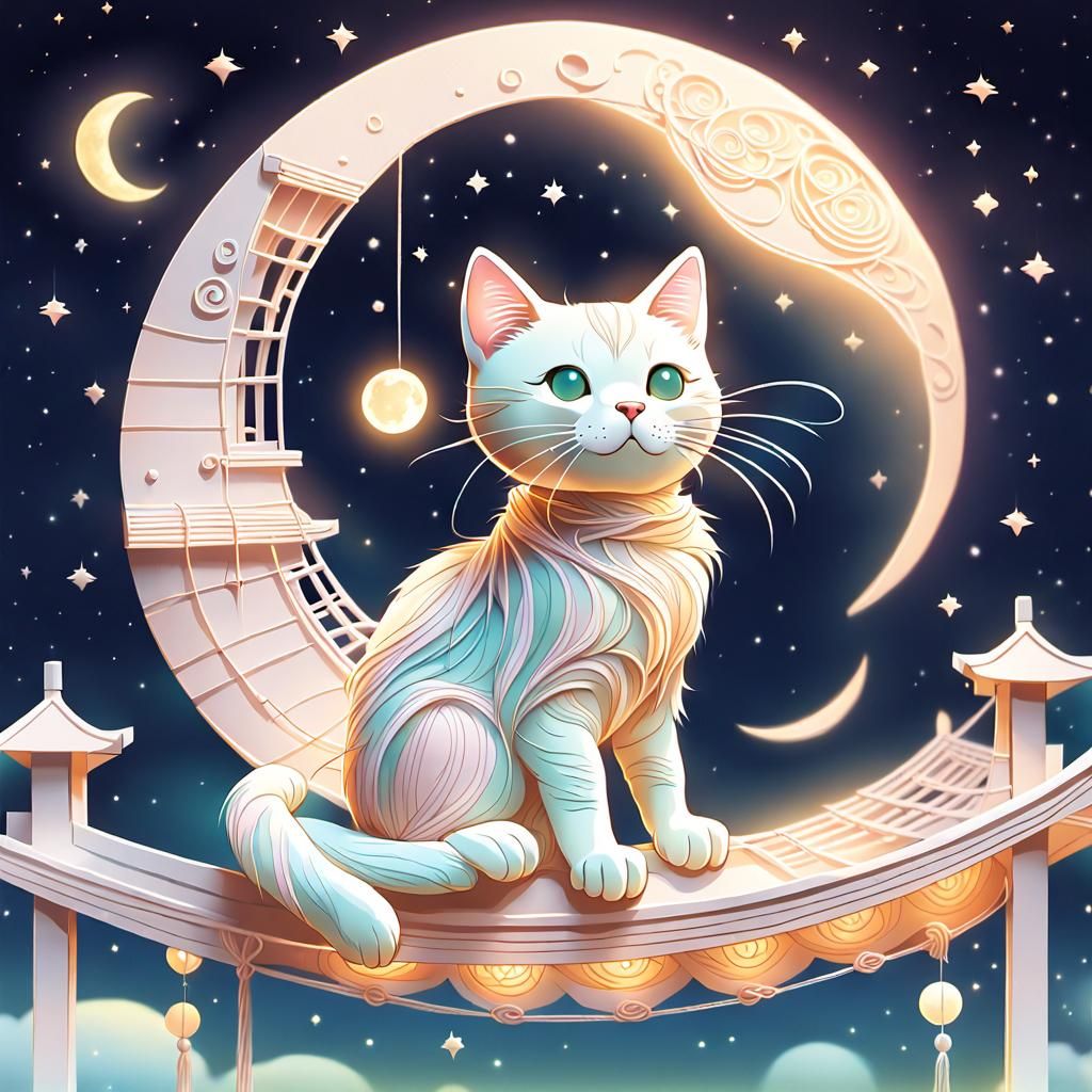 String Cat on String Roof: Kawaii Digital Art