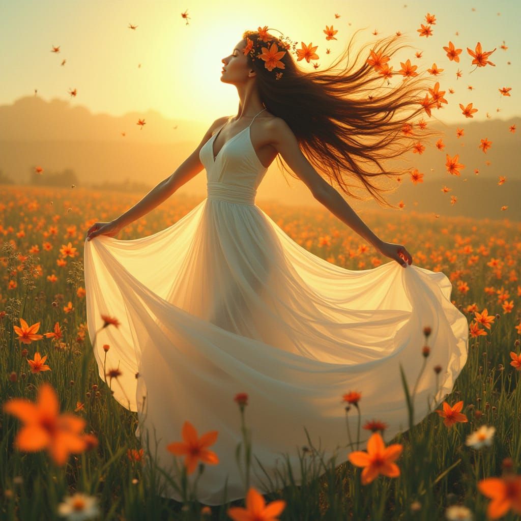 Woman Dancing with Origami Flowers in Art Nouveau Style