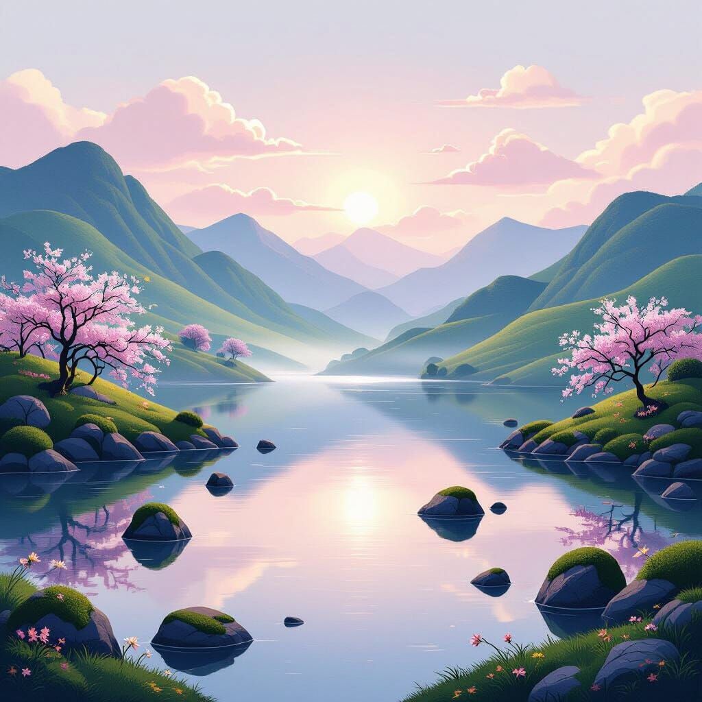 Tranquil Meditation Landscape: Serene Lake and Blossom Hills