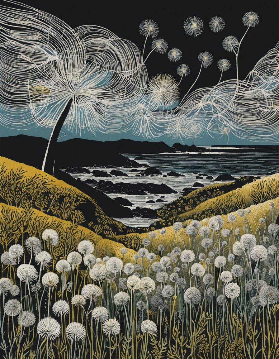 Dandelions Gone to Seed on Cliff in Handcoloured Linoprint S...