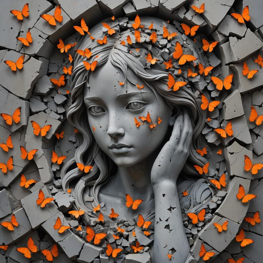 Stone Sculpture with Butterflies Emerging from Head