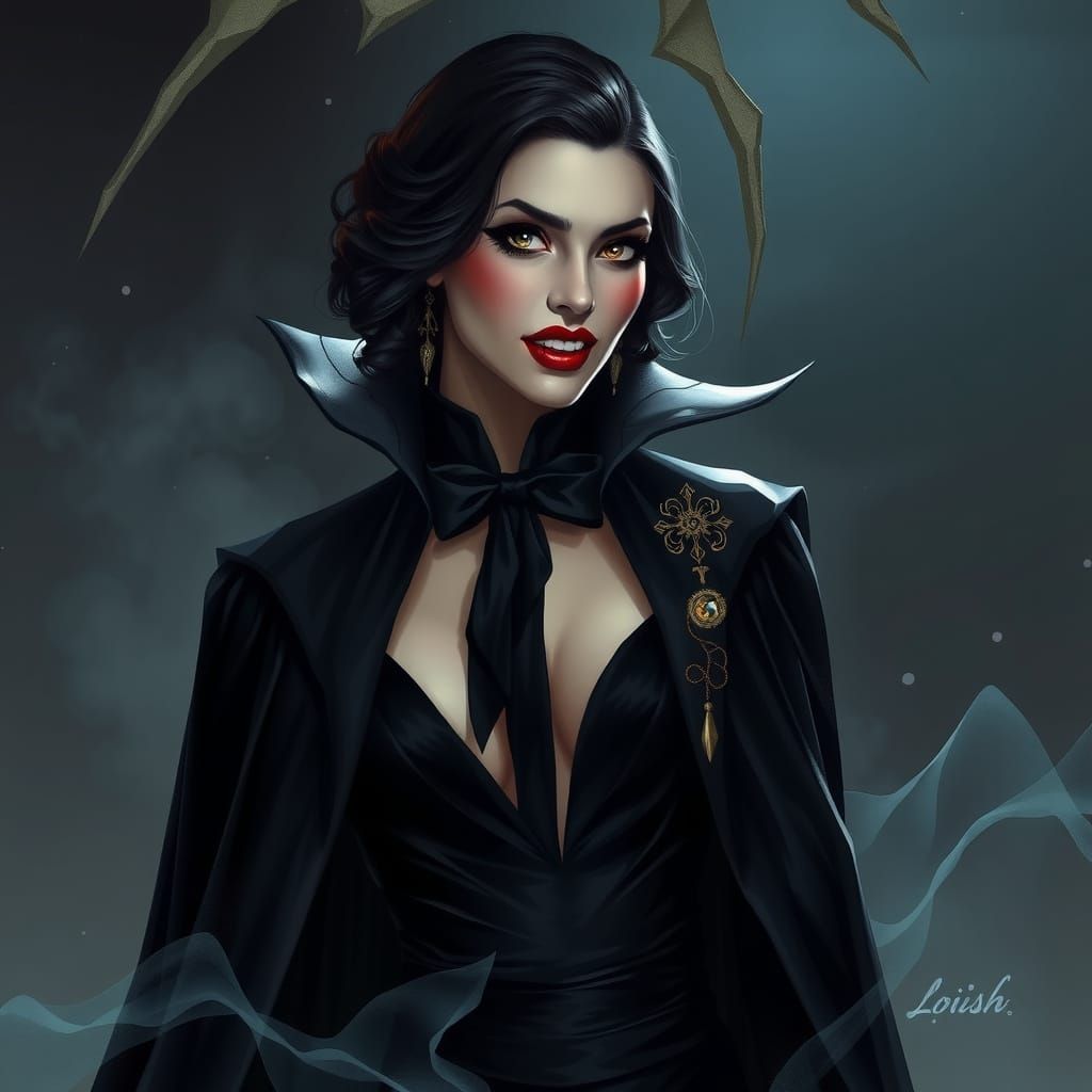 Elegant Vampire Countess in Black Tie Attire with Dramatic C...