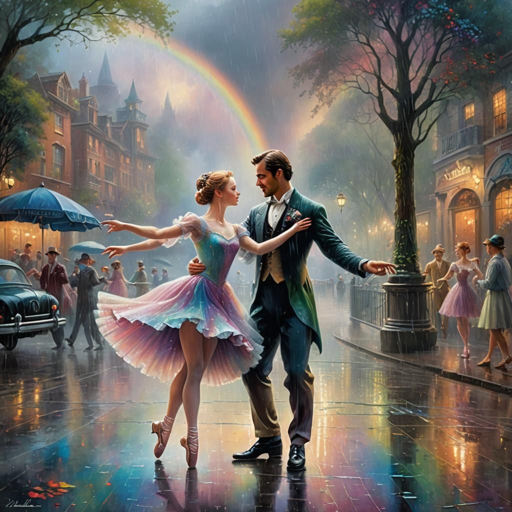 Ballet Couple Dancing in Rain, Ethereal Fantasy Art