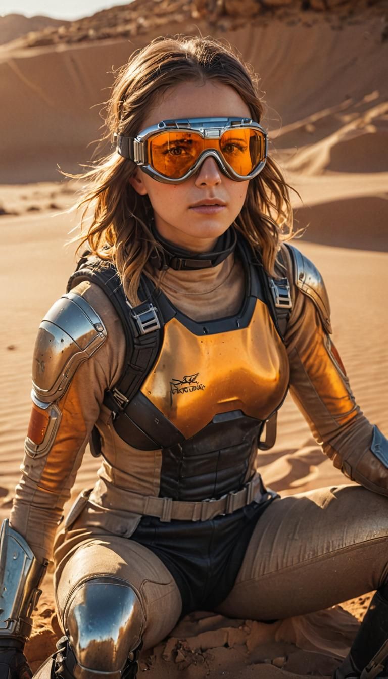 Female Character in Goggles on Desert Sand: Digital Art