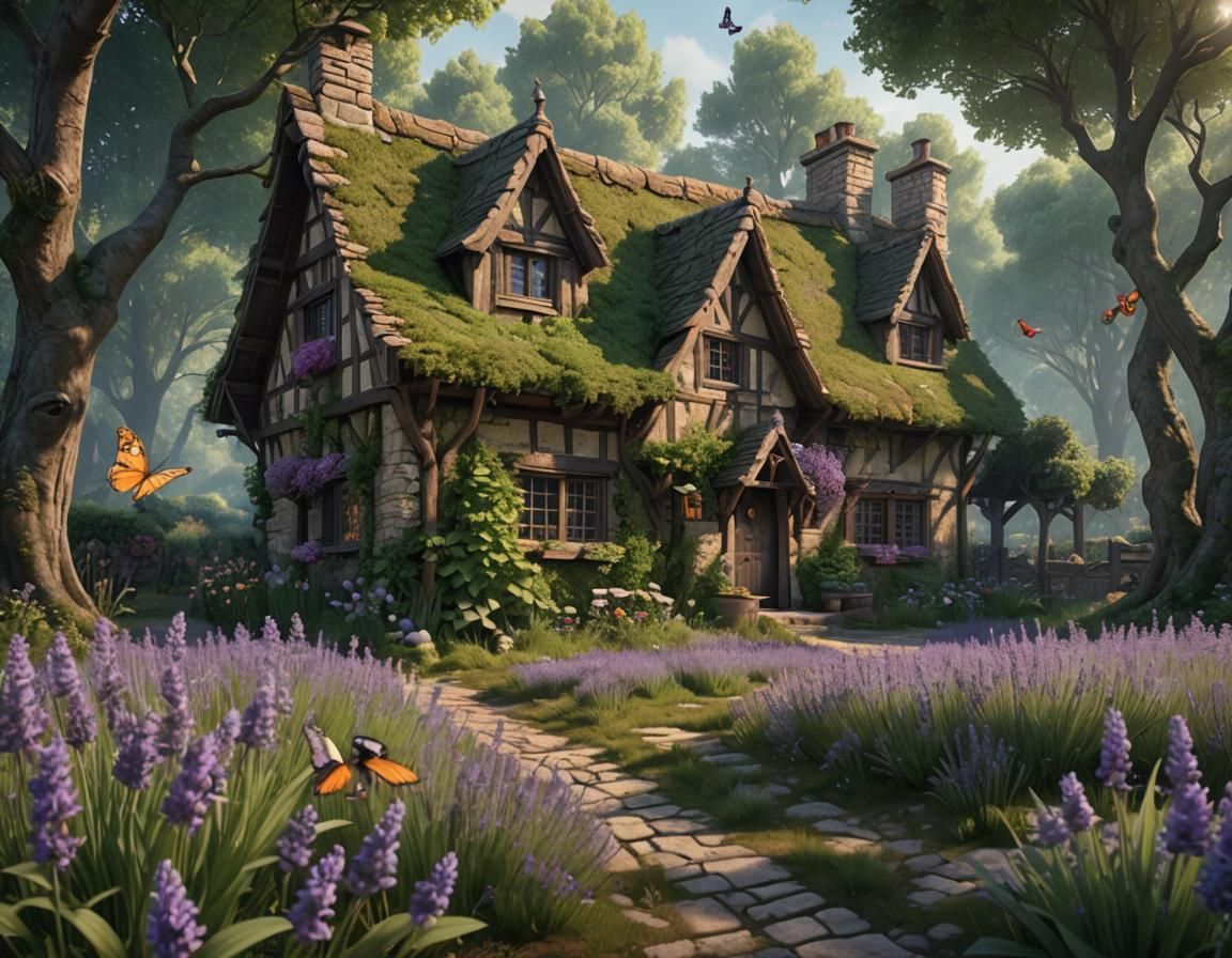 Medieval Cottage with Lavender and Butterflies