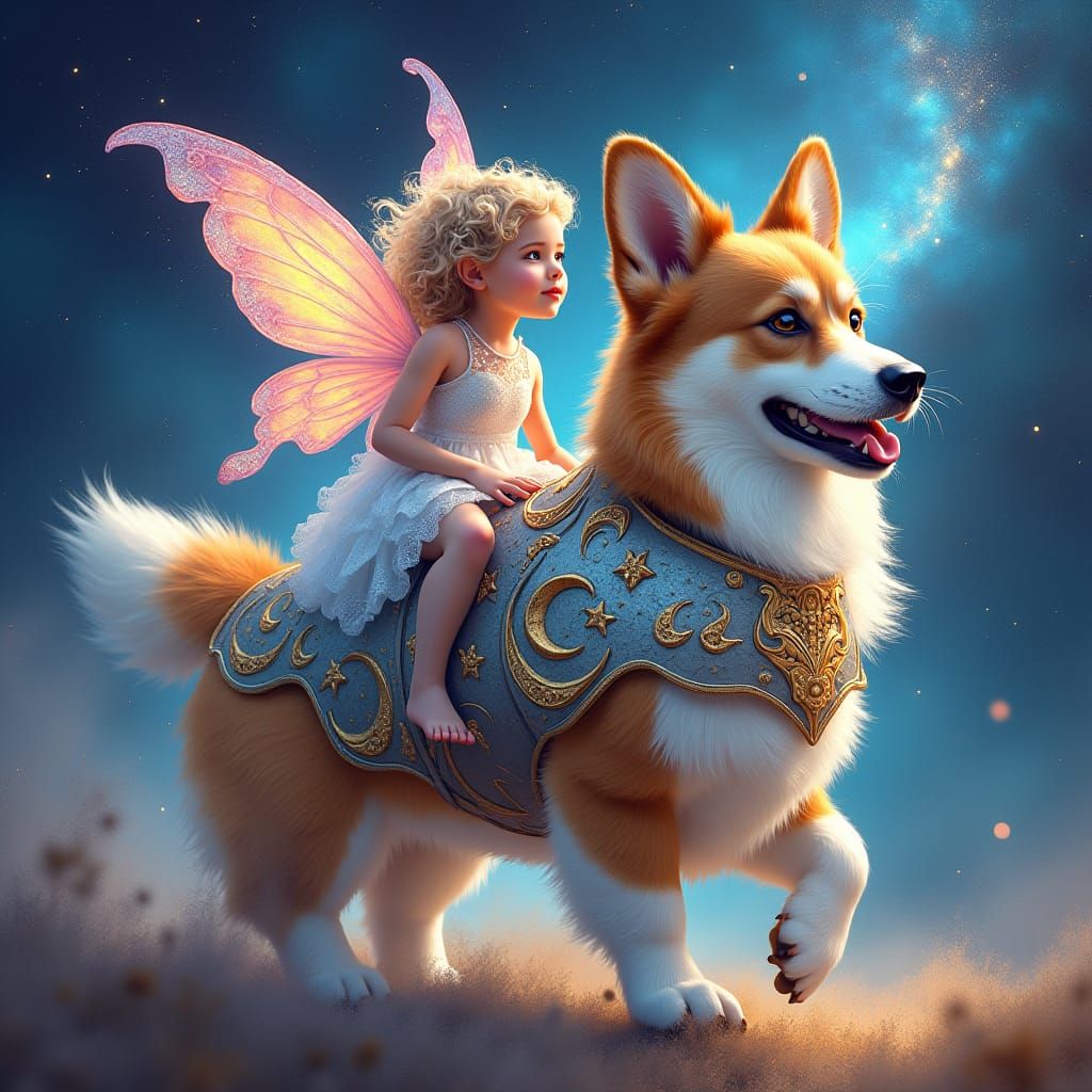 Armored Corgi and Fairy in Cosmic Dreamscape