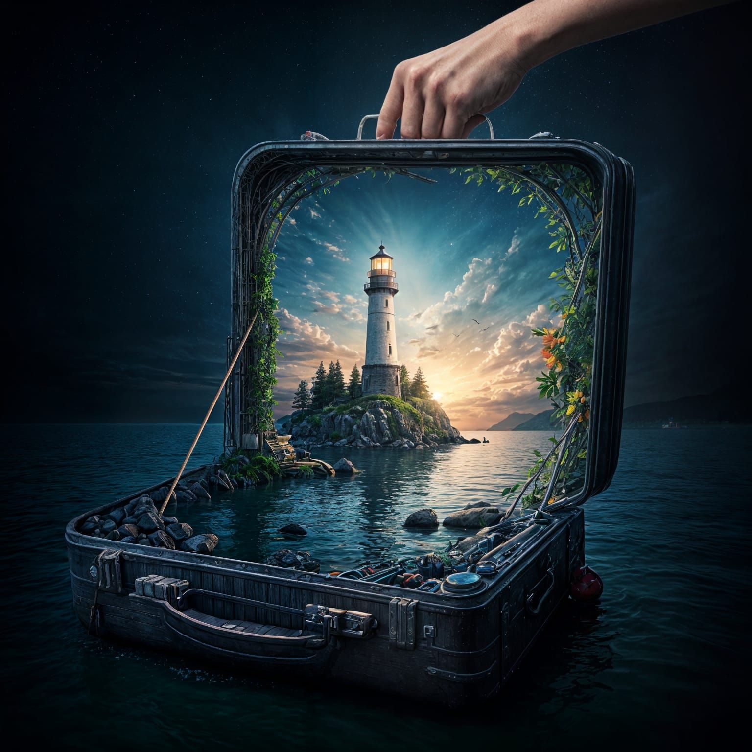 Night Lake Lighthouse in Open Suitcase
