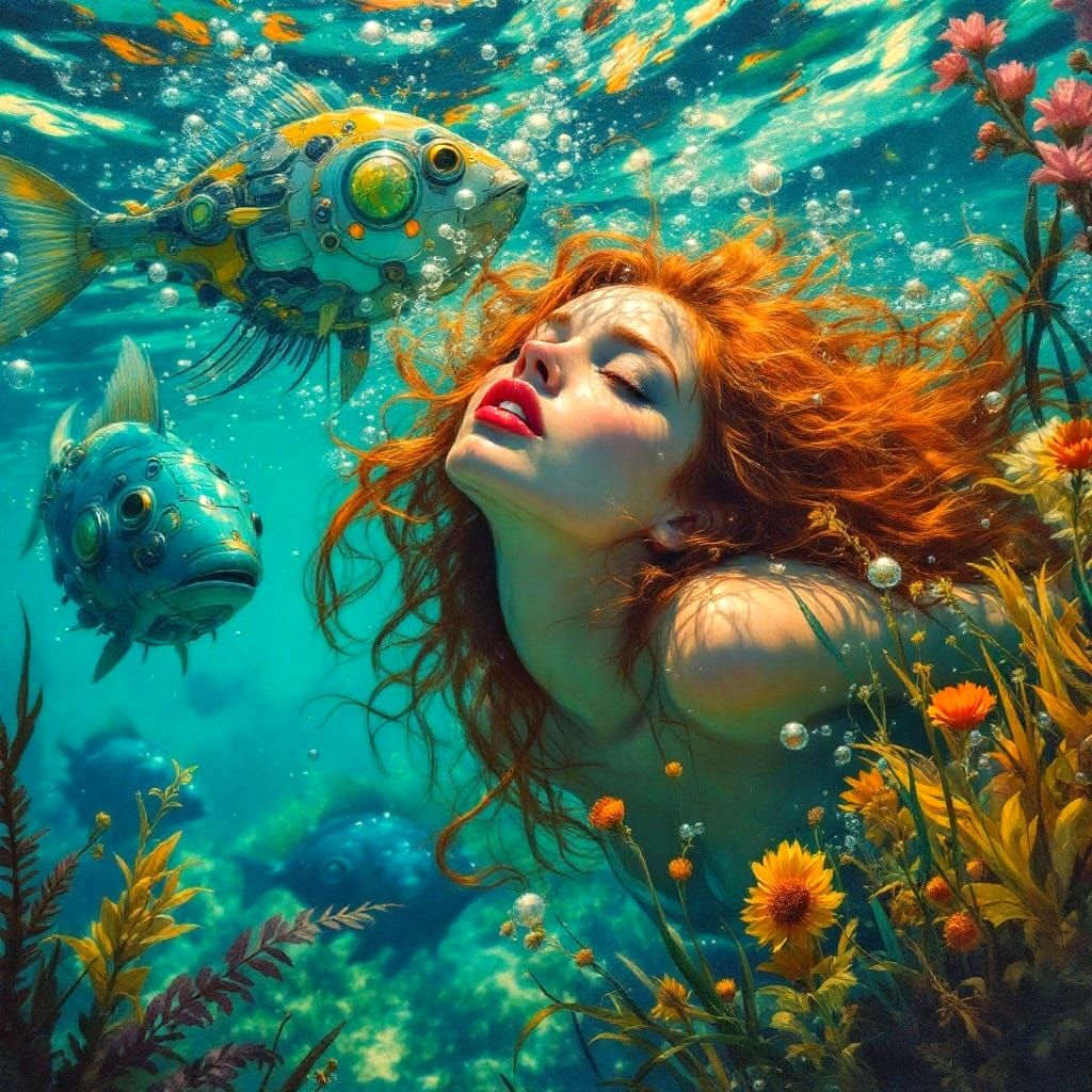 A Redheaded Siren Amidst Steampunk Sea Life