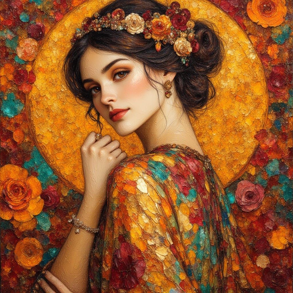 Nature Goddess in Gold and Teal, Klimt Style