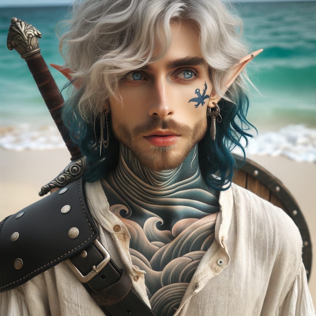 Pirate Elf with Sea Tattoos on Turquoise Beach
