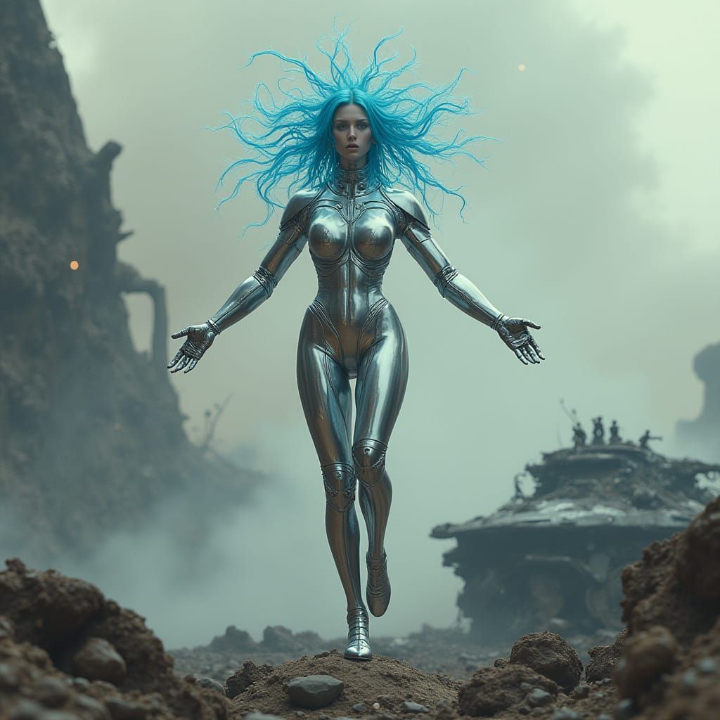 Futuristic Android Floats Over Crashed Spaceship