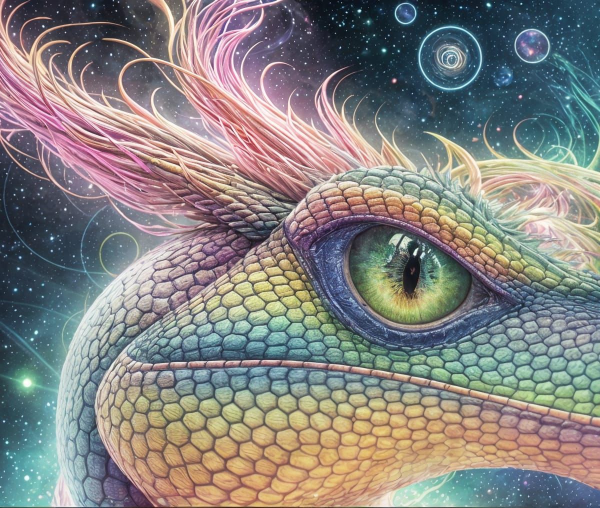 Mythical Basilisk Strikes: Vibrant Astral Illustration