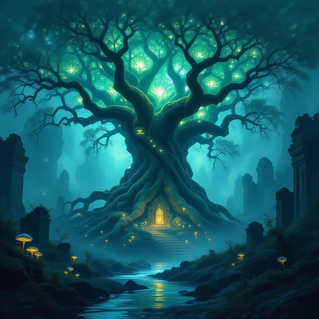 Ancient Bioluminescent Tree Amidst Ethereal Ruins
