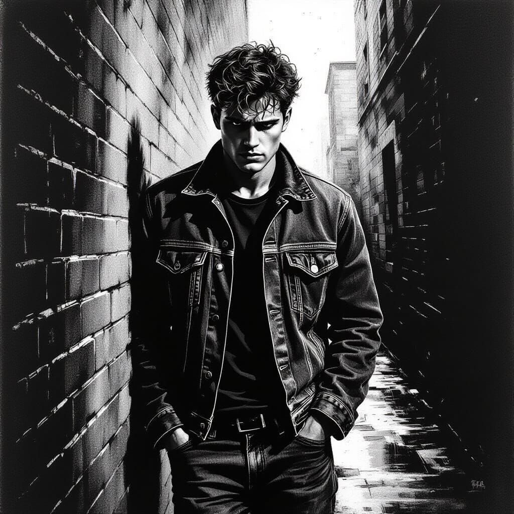 Man's Isolation in Dark Alley - Black and White Ink