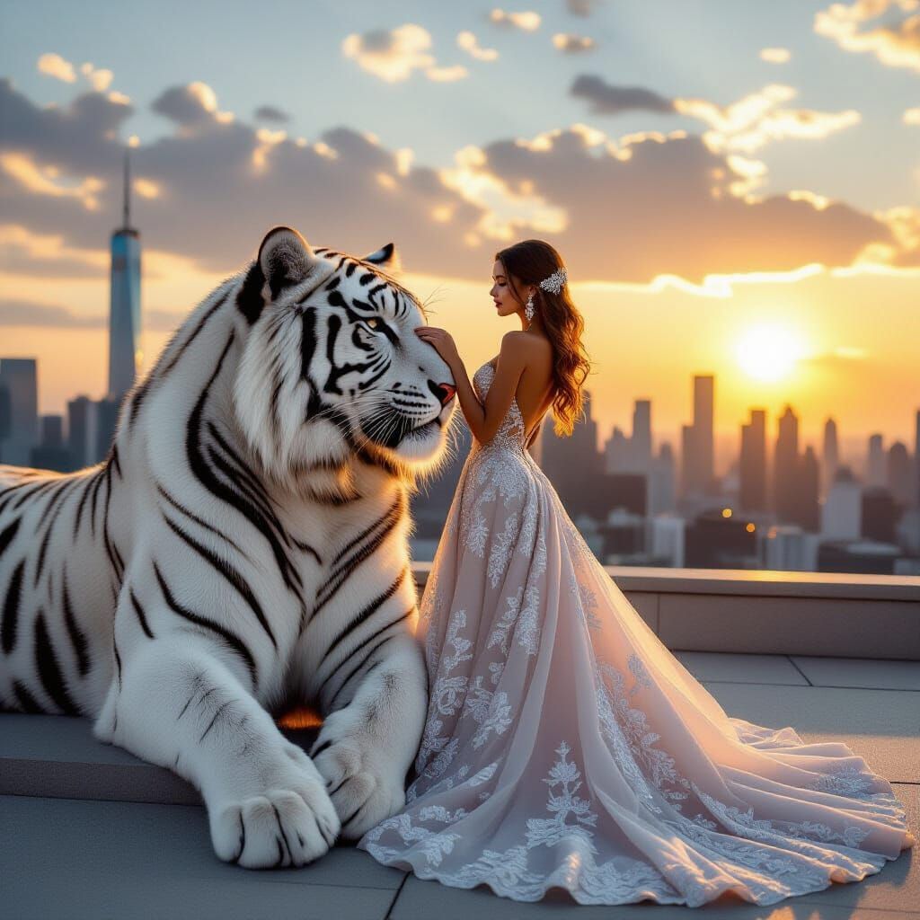 Sunset Rooftop: Girl and White Tiger in Gold Light