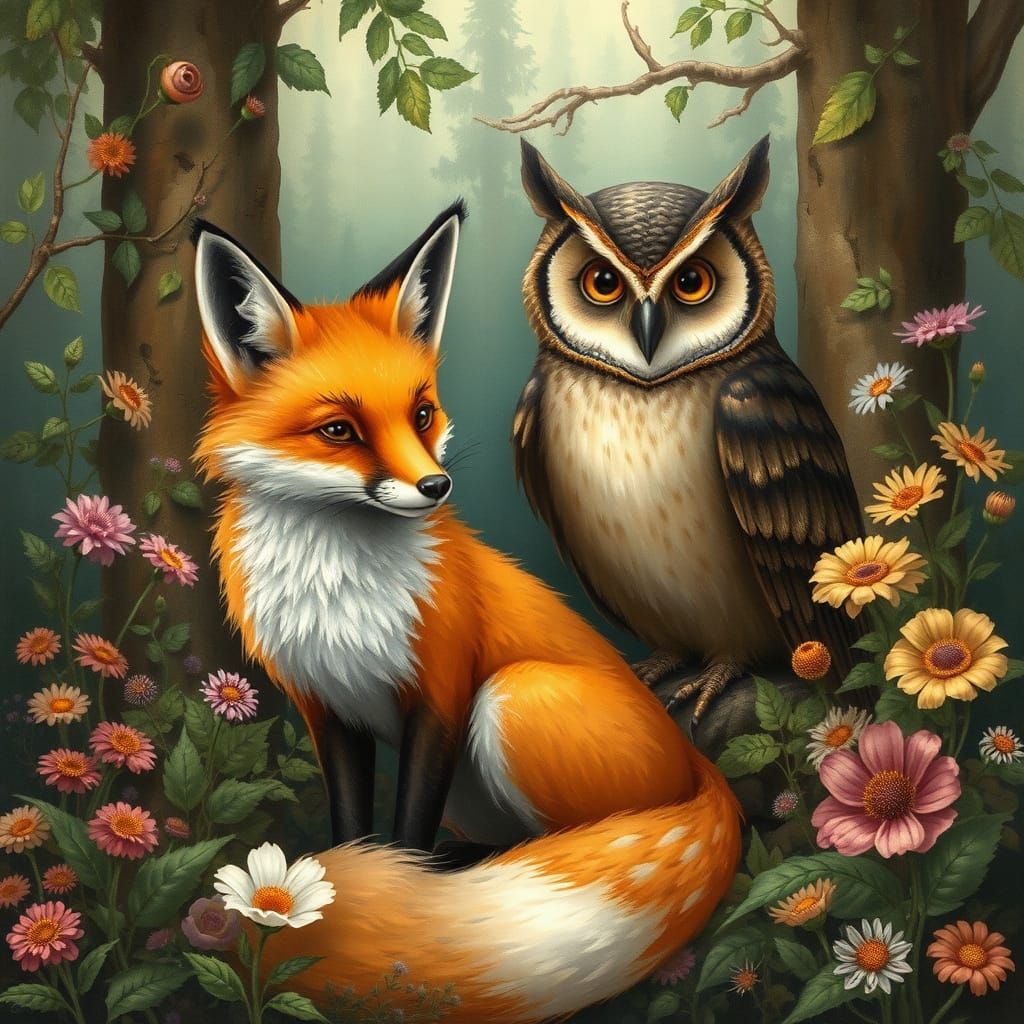 Fox and Owl in Whimsical Forest, Fantasy Art