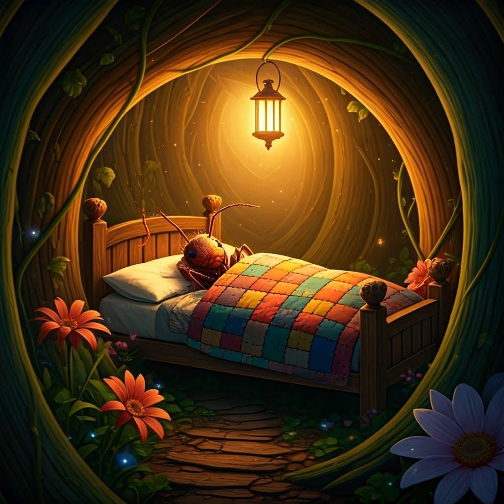 Ant's Serene Slumber in Magical Forest Twilight