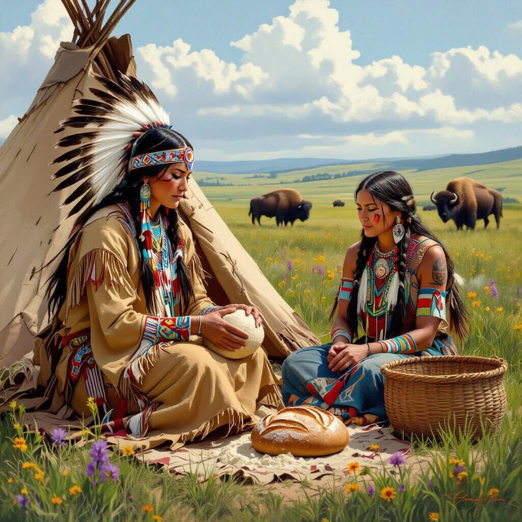 Sioux Woman Baking Bread on the Prairie