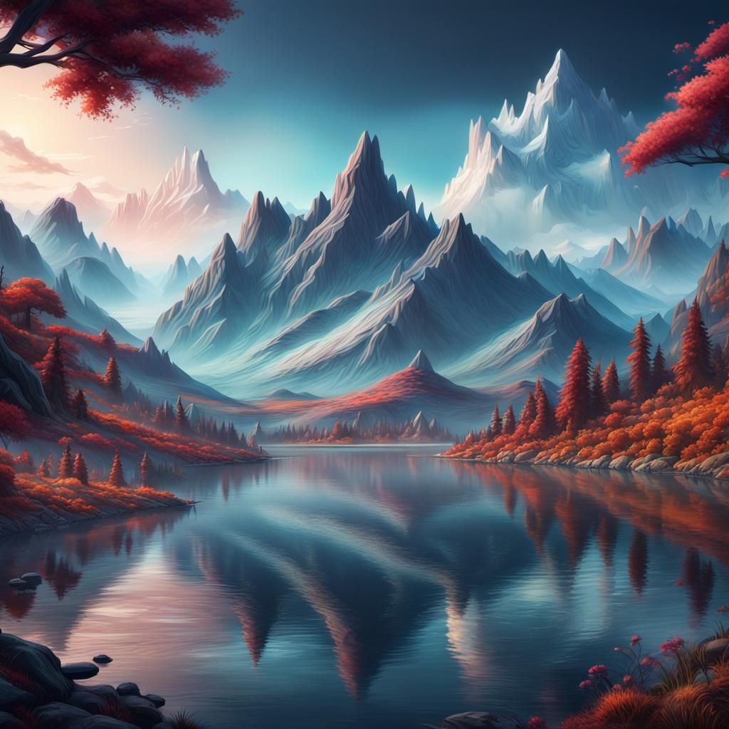 Maximalist Lake Reflection: Detailed Digital Landscape Art