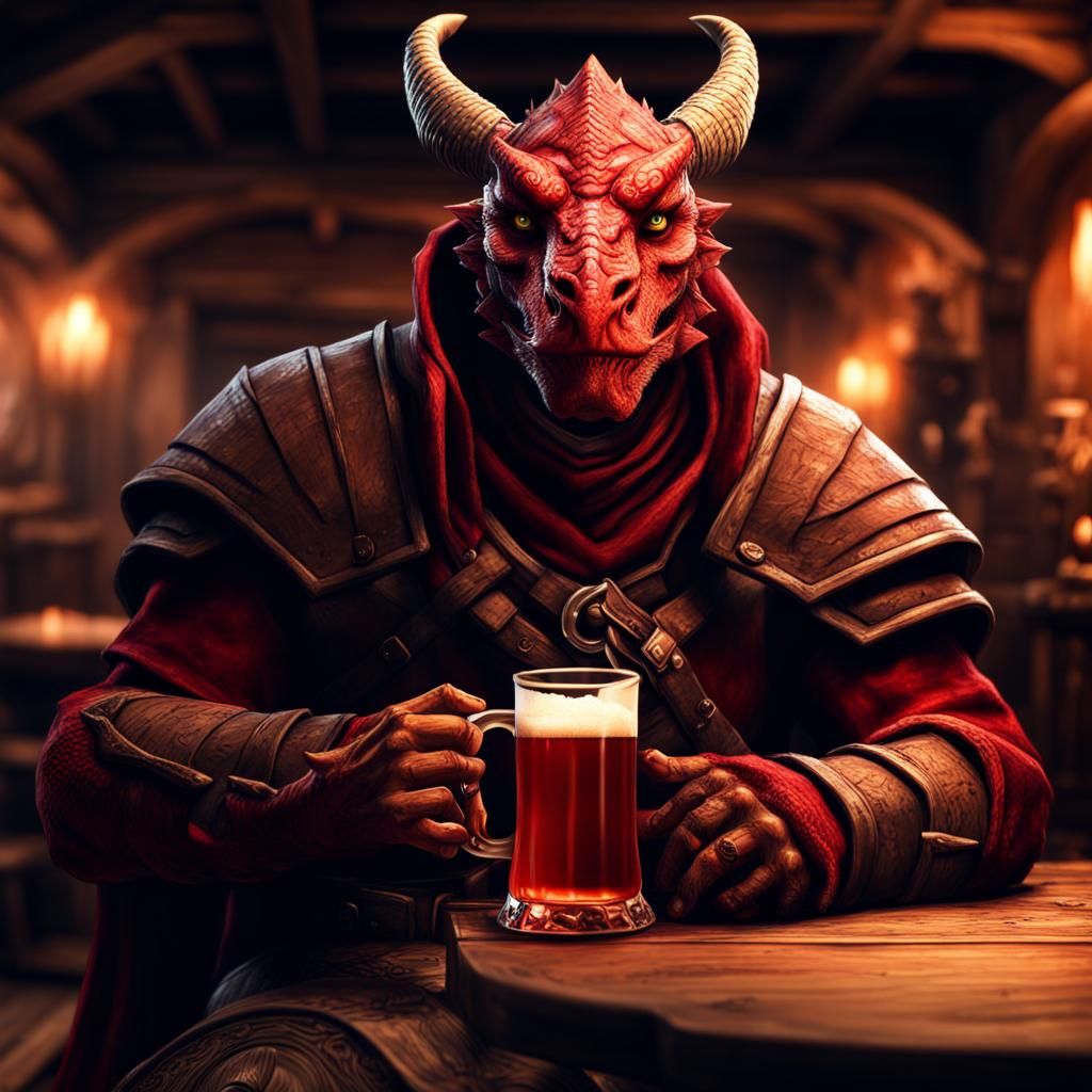 Simple red dragonborn commoner inside a tavern drinking ale