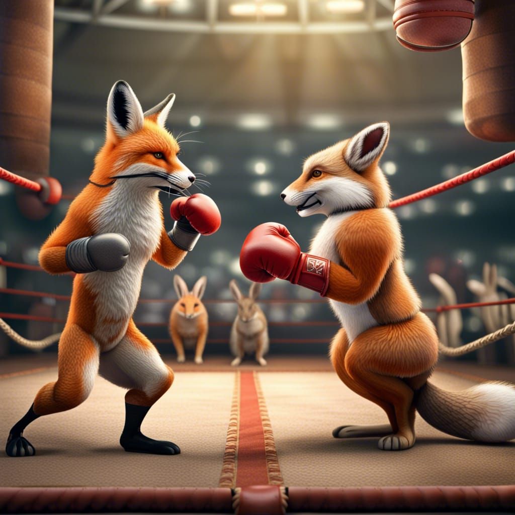 Fox and Rabbit Boxing Match in Hyperrealistic Style