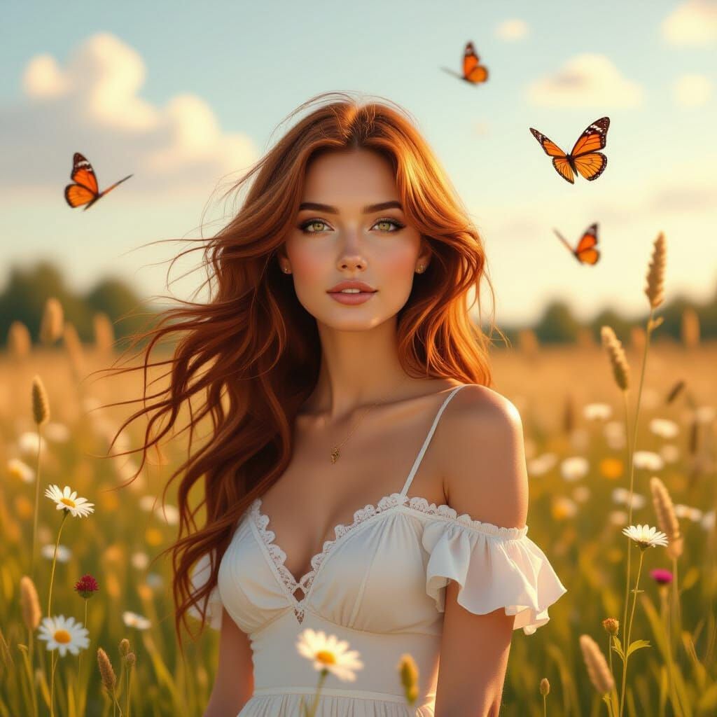 Dreamlike Woman in Wildflower Field, Hyperrealistic Art