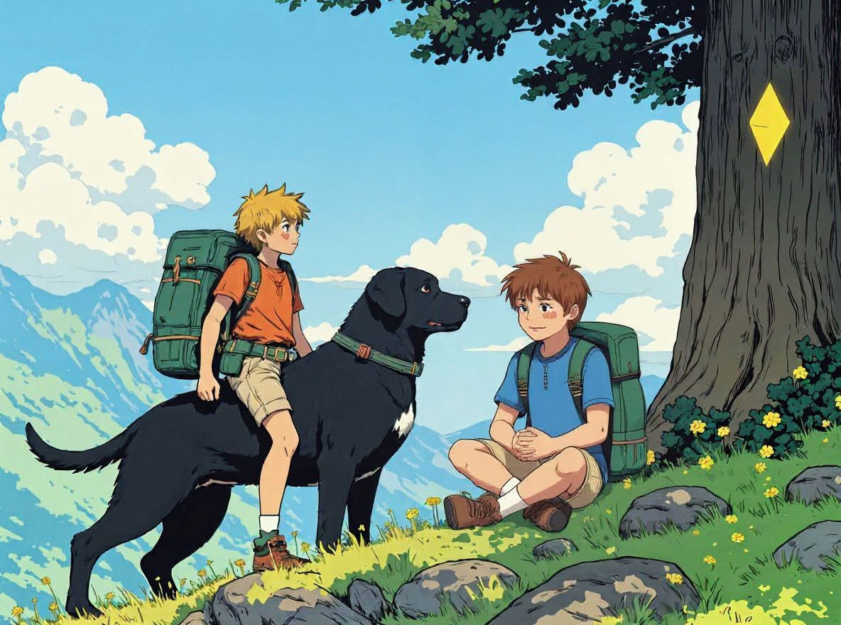 Boys Ride Labrador on Mountain Peak in Anime Style