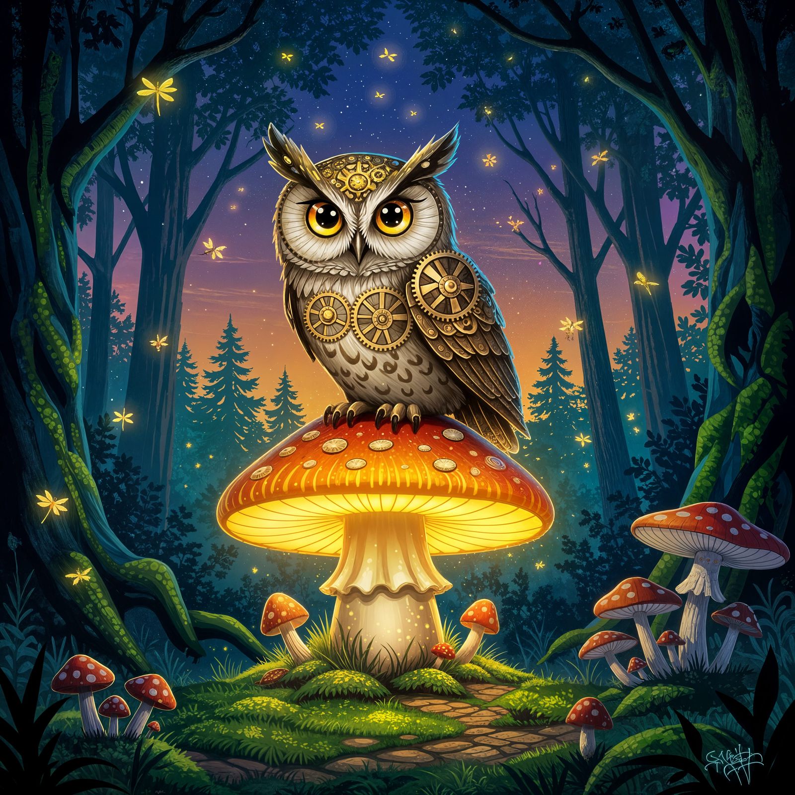 Clockwork Owl on Glowing Mushroom in Enchanted Forest