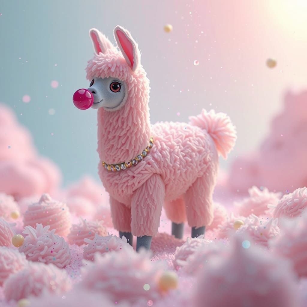 A fluffy alpaca made of pink bubblegum ice cream, with gumba...