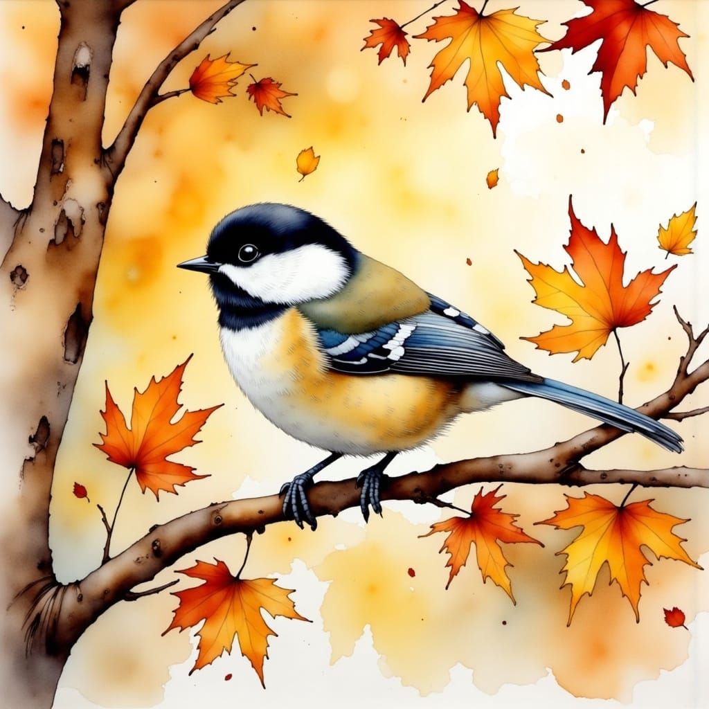 Autumn Chickadee in Watercolor and Alcohol Ink