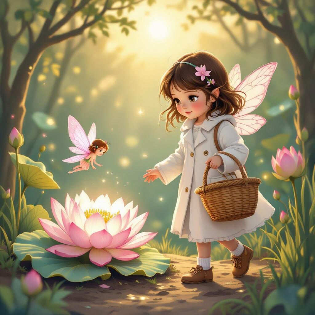 Girl Guided by Fairy to Luminous Lotus Flower