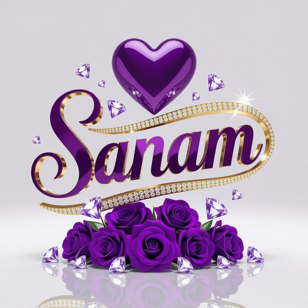 Elegant "Sanam" Poster Design with Violet Hearts and Gold Ac...