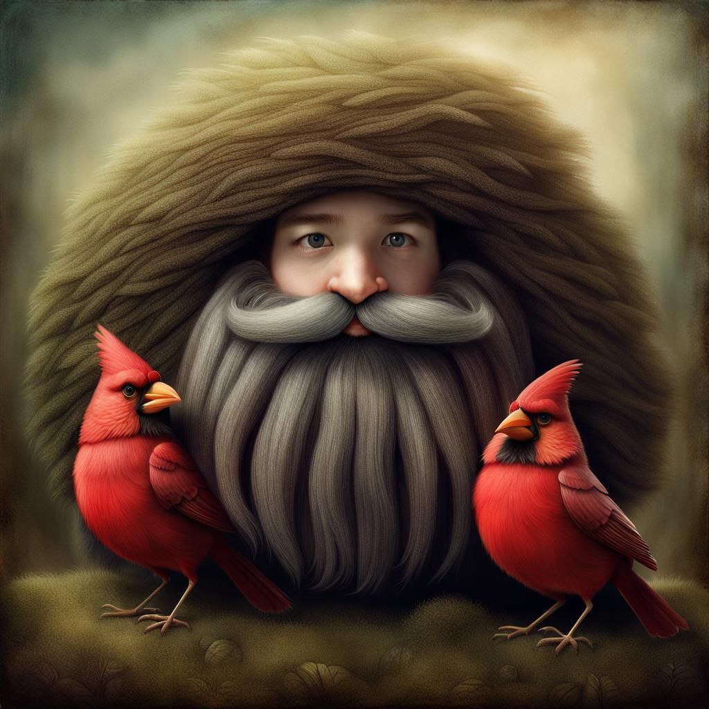 Cardinals Nesting in a Giant Beard: Digital Art