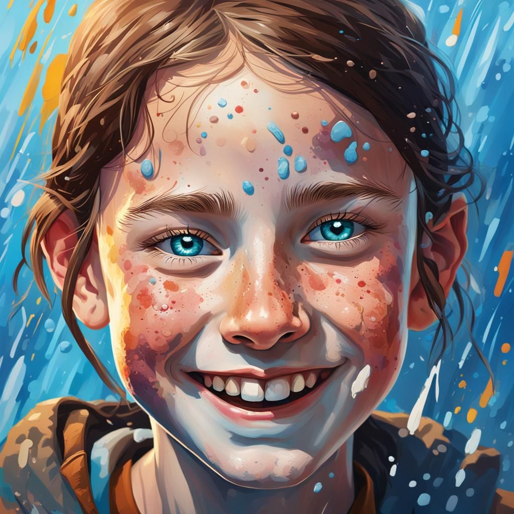Smiling Girl with Freckles: Hyperrealistic Splash Art