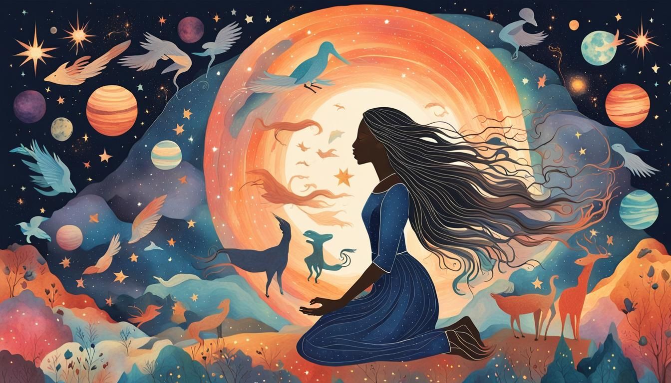 Mystical Girl with Mythical Creatures in Galaxy