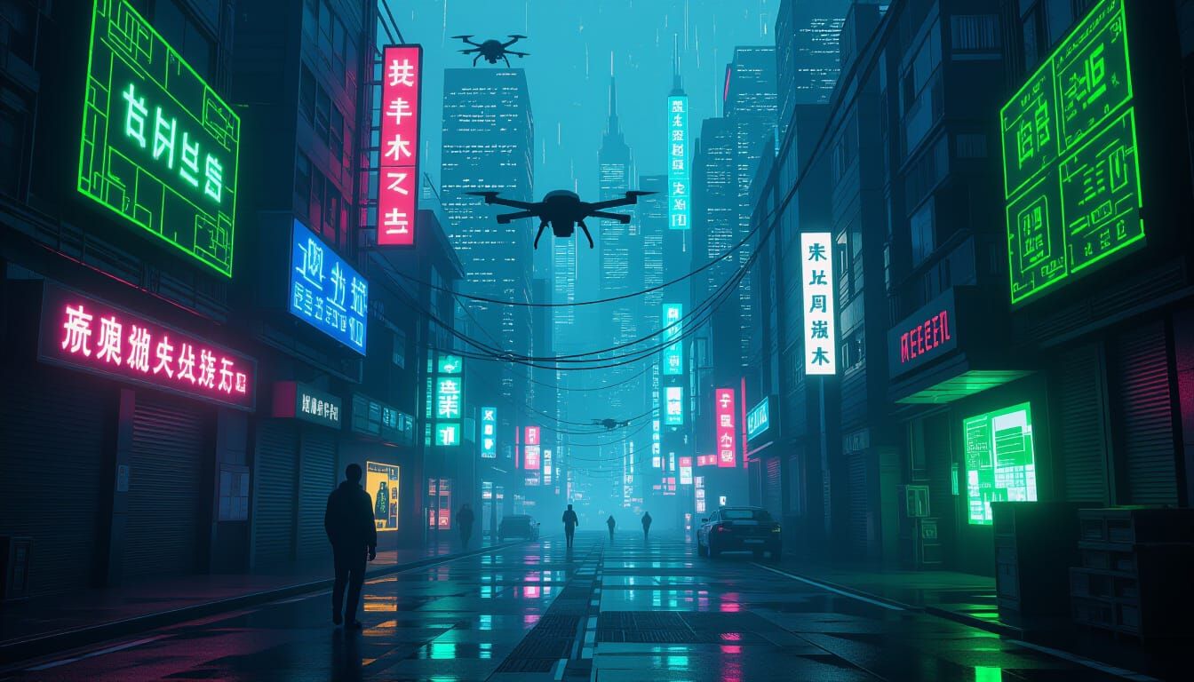 Cyberpunk Cityscape with Neon Accents and Blueprint Textures