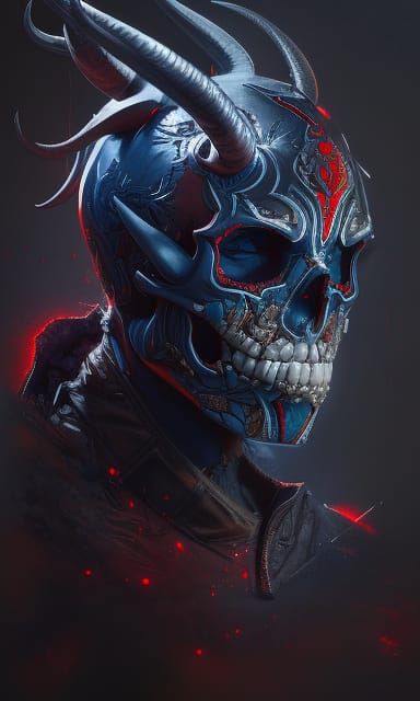 Skull Face with Blue Horns: Hyper-Realistic Digital Art