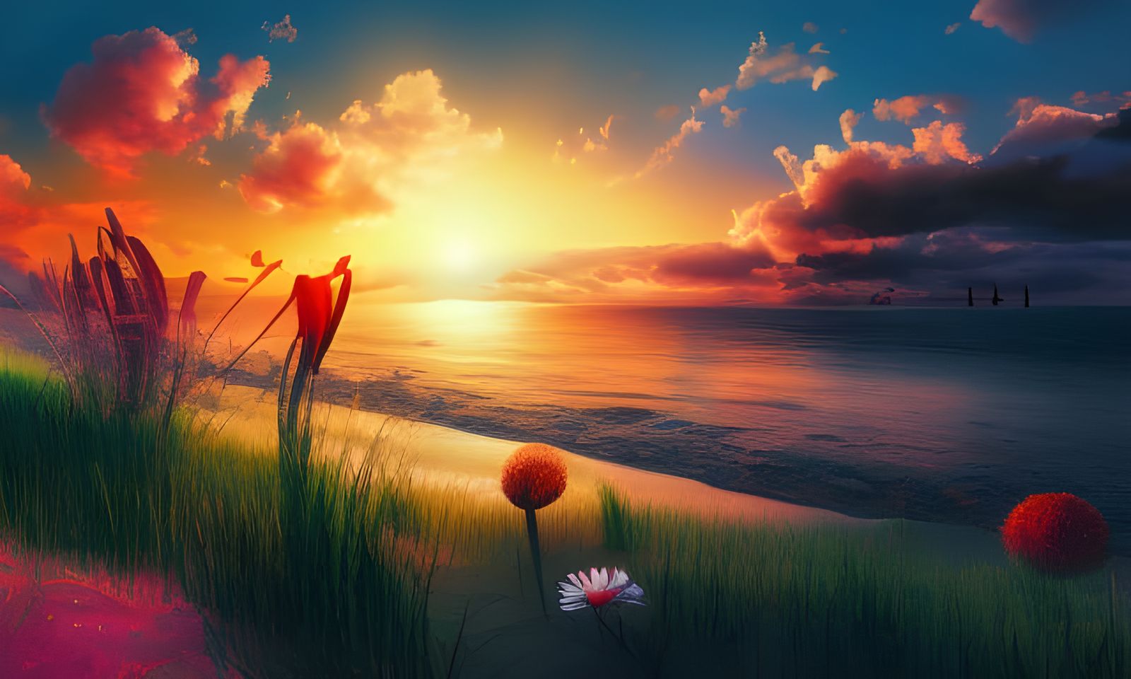 Alien Sunset Over a Floral Beach Landscape
