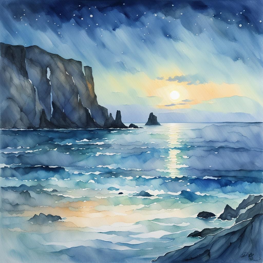 Bioluminescent Ocean at Dusk: Impressionist Watercolor Lands...