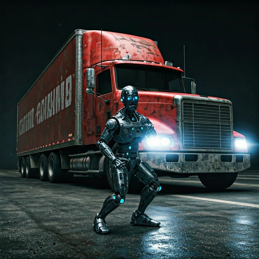 Metallic Robot Faces Oncoming 18 Wheeler in High-Stakes City...